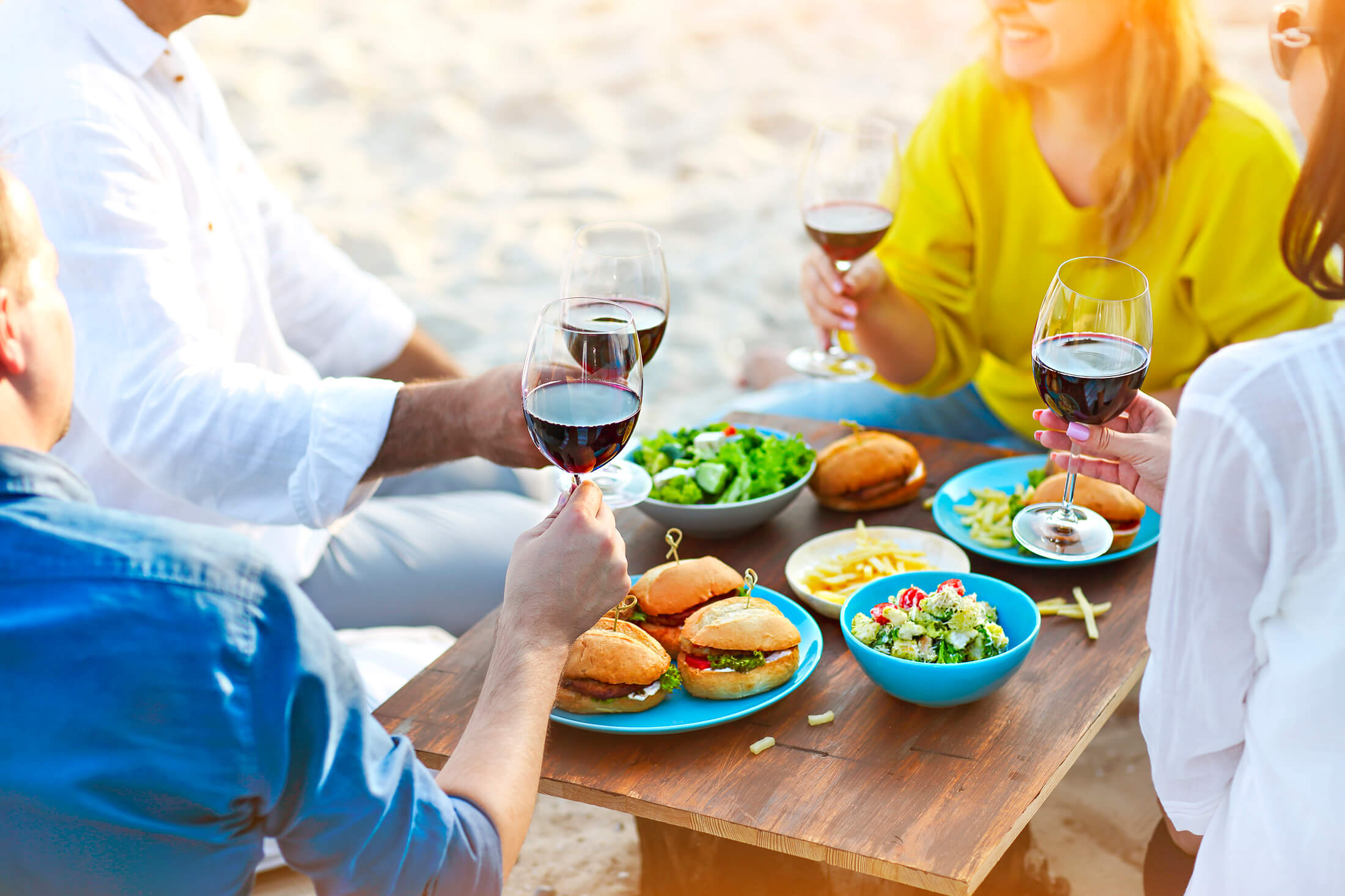 Group dining with an assortment of food